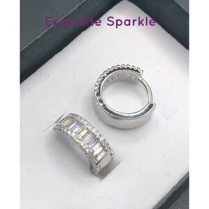 Timeless 18k White Gold Plated  Baguette Cut  Cz Diamond Huggies